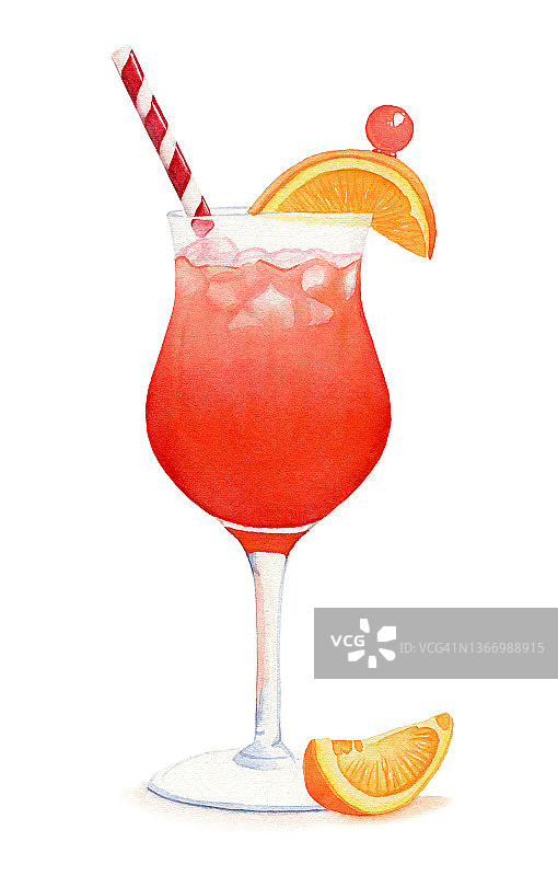 手画新鲜的阿贝罗鸡尾酒在一个高杯与吸管和两片橘子，水彩插图孤立在白色背景。加冰的夏季饮料图片素材