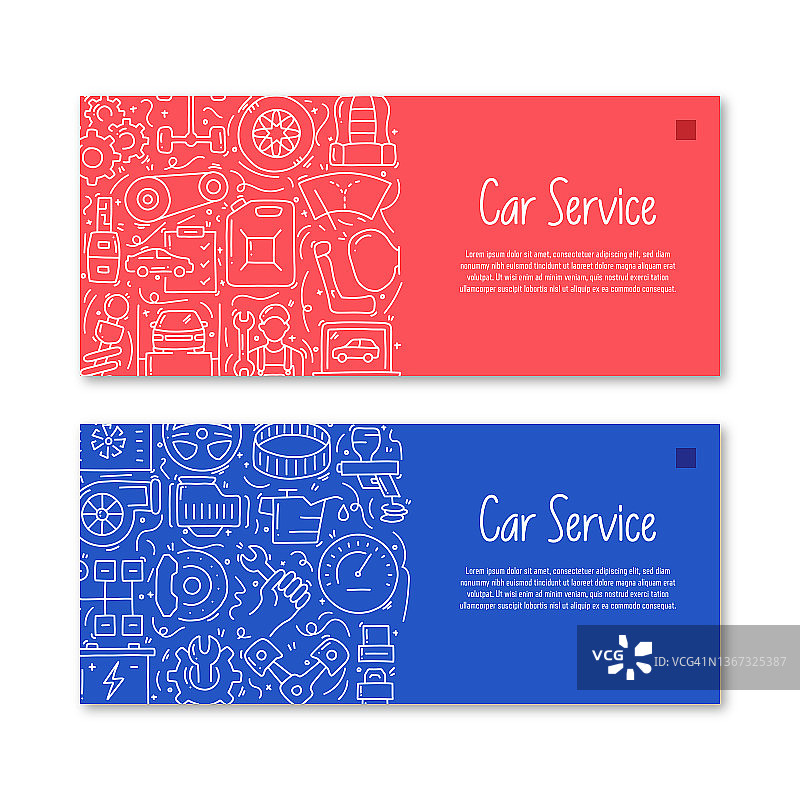 汽车服务相关的对象和元素。手绘矢量涂鸦插图集合。横幅模板与不同的汽车服务对象图片素材