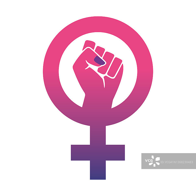 国际妇女节。粉红色的象征女人与一个封闭的拳头内的象征。图片素材