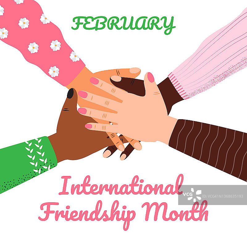国际友谊月在二月概念向量。不同种族和年龄的人在一起。图片素材