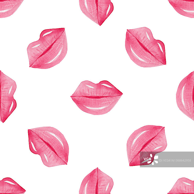 水彩吻无缝图案在白色背景。粉色唇印用于情人节包装图片素材