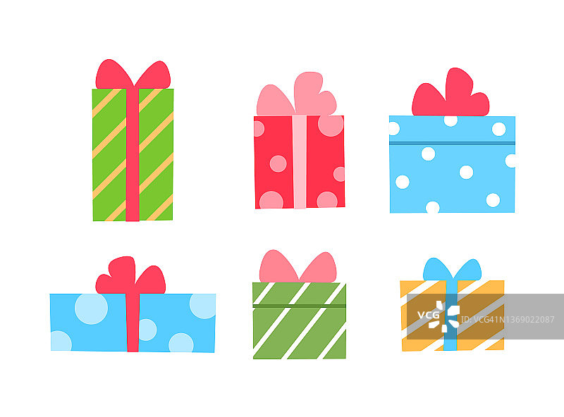 礼品盒平面图标设置在白色背景。彩色的礼物与丝带和蝴蝶结。庆祝节日喜庆的生日派对元素设计。现代最小奖励包。惊讶的矢量图图片素材