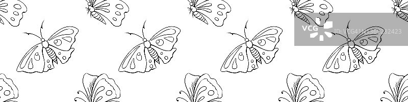 矢量无缝模式的黑色轮廓可爱的蝴蝶在涂鸦风格。可爱的卡通美丽的昆虫。背景与纹理上主题自然、春天、夏天、儿童印花、孤立图片素材