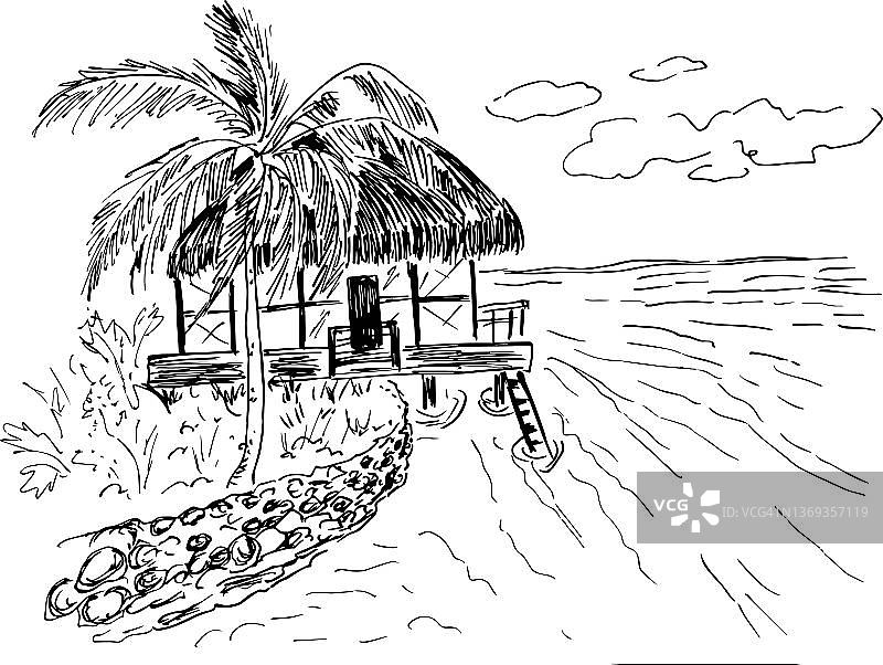 棕榈树和小屋的热带景观草图。马尔代夫景观矢量插图图片素材