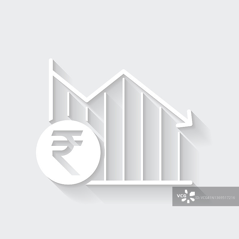 印度卢比硬币的下降图表。图标与空白背景上的长阴影-平面设计图片素材