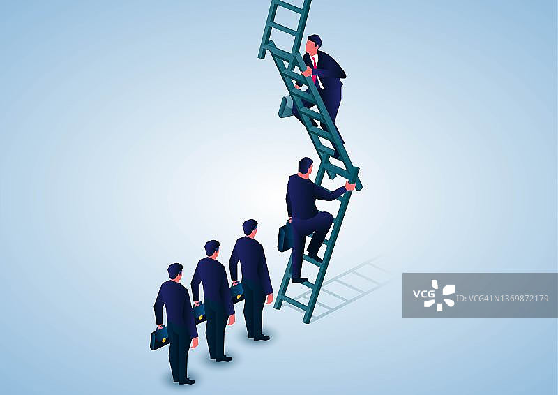 商人排队攀爬阶梯，事业发展与晋升，企业理念插画图片素材