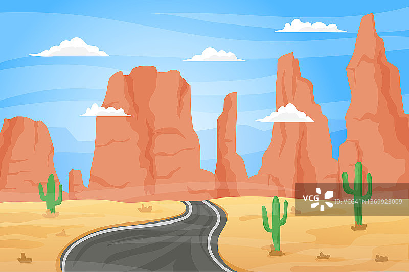 卡通沙漠景观。自然背景干燥的沙漠，仙人掌和山脉。矢量旅行和冒险插图图片素材