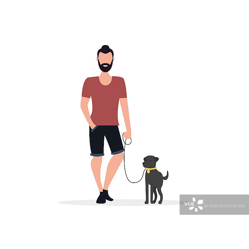 一个男人牵着他的狗散步。有时间和你的宠物在一起。平的风格。向量清净。图片素材