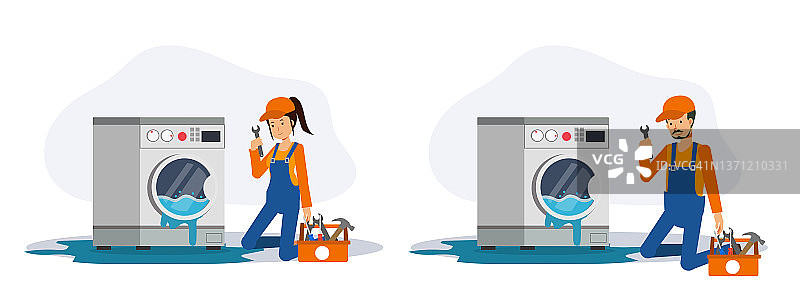 集男女机修工来检查和修理洗衣机漏水，洪水。平面矢量2D卡通人物插图。图片素材