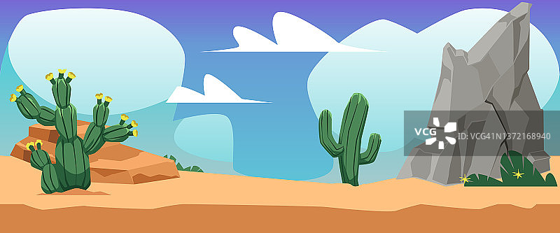 沙漠景观旗帜或游戏地点背景，平面矢量插图。图片素材