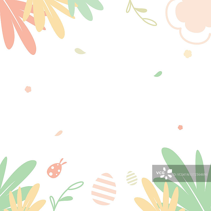 快乐的复活节空白空间在白色的背景上装饰彩色的花和叶平面矢量插图。广场柔和的背景设计在春天的主题。图片素材