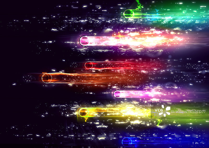 彩色流星雨在夜空中的三维插图图片素材