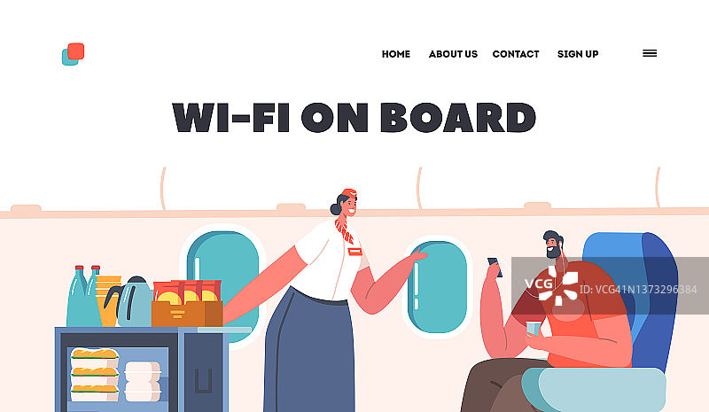 机上Wi-fi着陆页面模板。机舱与空中小姐和乘客使用智能手机，空中小姐与购物车图片素材