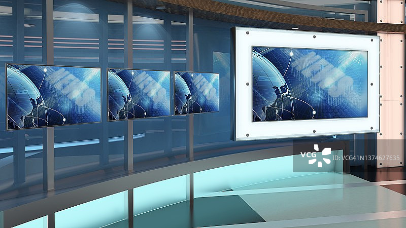 虚拟电视演播室。绿屏背景。三维渲染图片素材