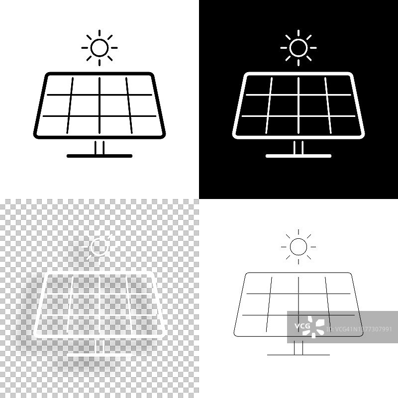 太阳能电池板与太阳。图标设计。空白，白色和黑色背景-线图标图片素材