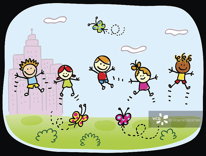 快乐的孩子们在户外玩自然和城市景观卡通图片素材