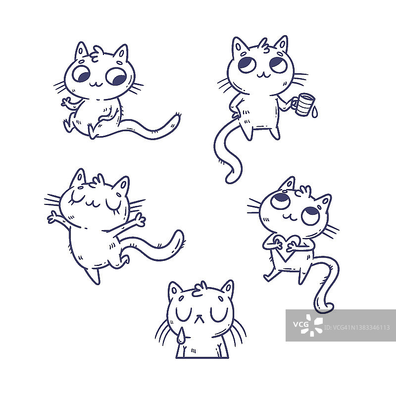 与可爱的卡通猫。有趣的涂鸦小猫集合。向量轮廓图像。顽皮的动物图案。图片素材