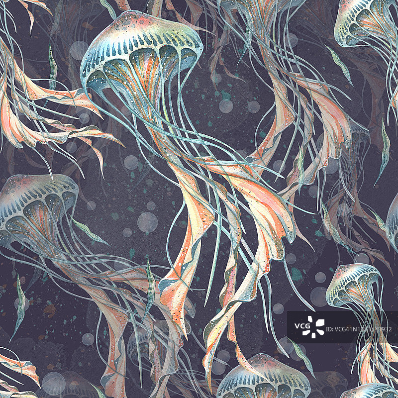 水彩插图图案海星，贝壳，珊瑚，水母，海马，水，海，海洋。图片素材