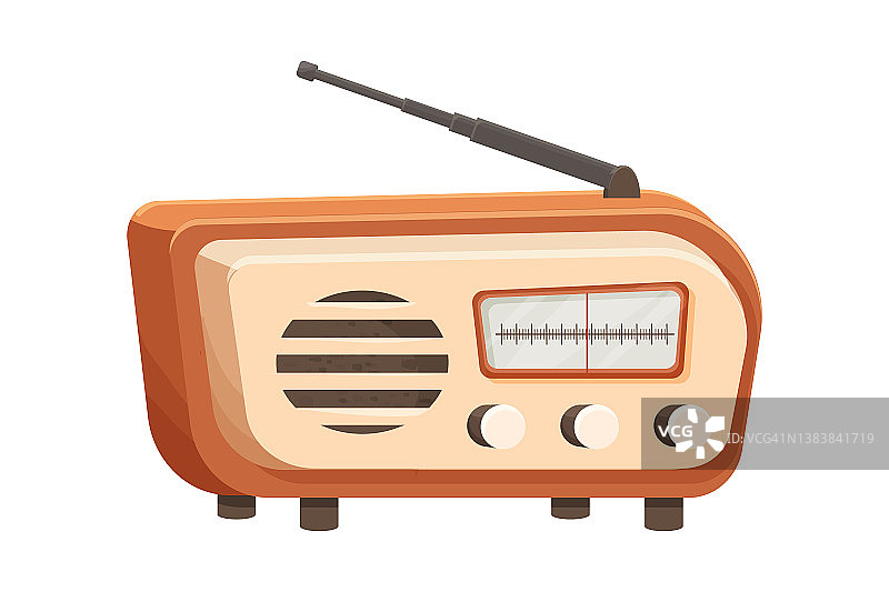 复古的收音机，老式的波接收器天线便携式音响设备在卡通风格孤立在白色背景上。矢量图图片素材