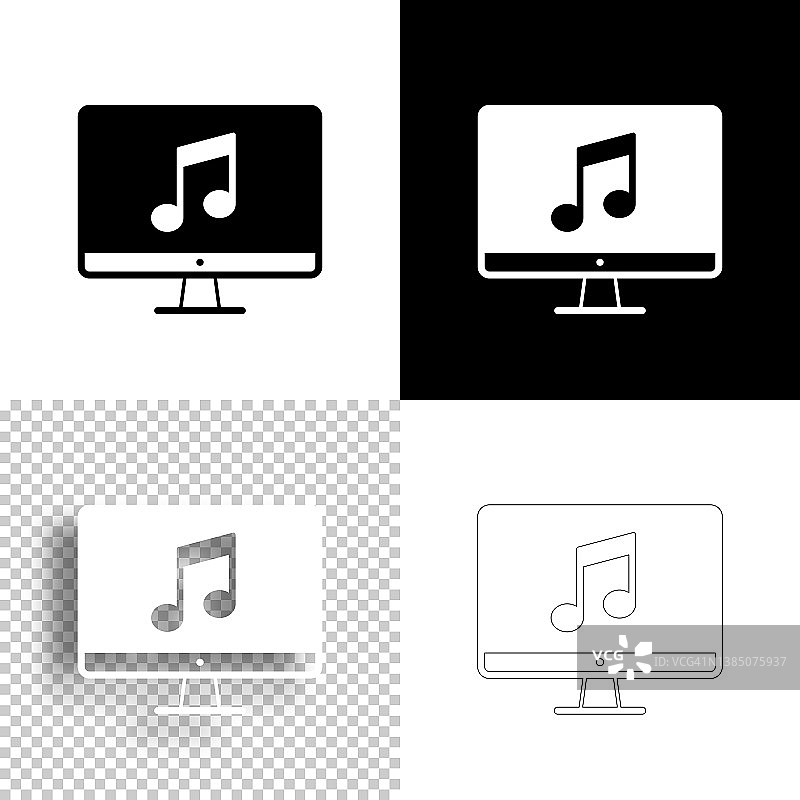台式电脑上的音乐。图标设计。空白，白色和黑色背景-线图标图片素材