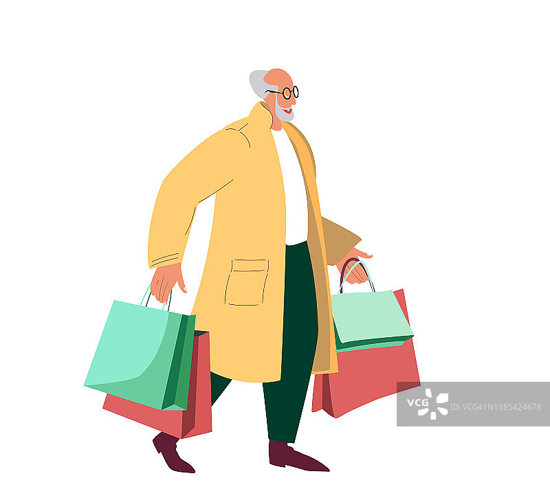 快乐的老型男拿着很多购物袋。时尚退休购物者，购物在手。买家售后。时尚的顾客会带很多包。平面矢量插图孤立，白色背景图片素材