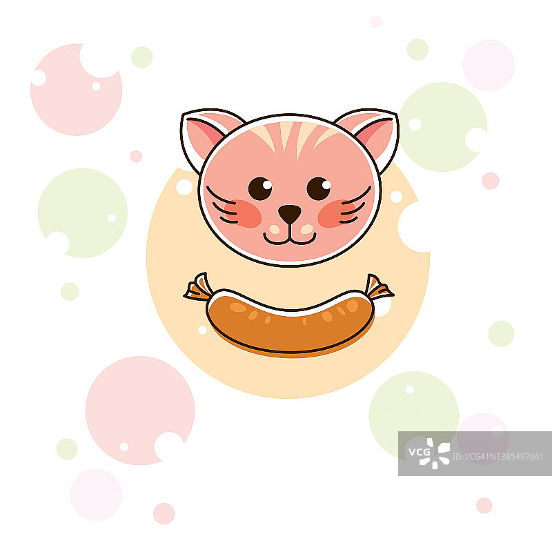 可爱的卡通小猫在五颜六色的背景与美味的香肠和气泡矢量插图。图片素材