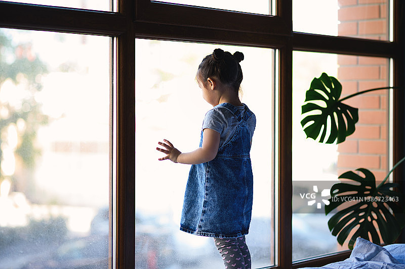 这是一幅小女婴靠在大窗户上向外看的背影肖像。小女孩凝视着窗外。图片素材