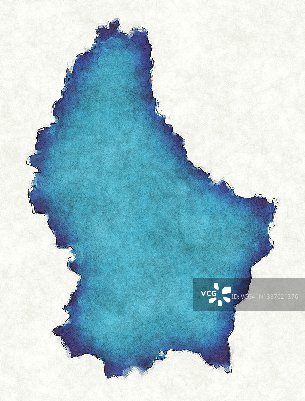卢森堡地图与绘制的线和蓝色水彩插图图片素材