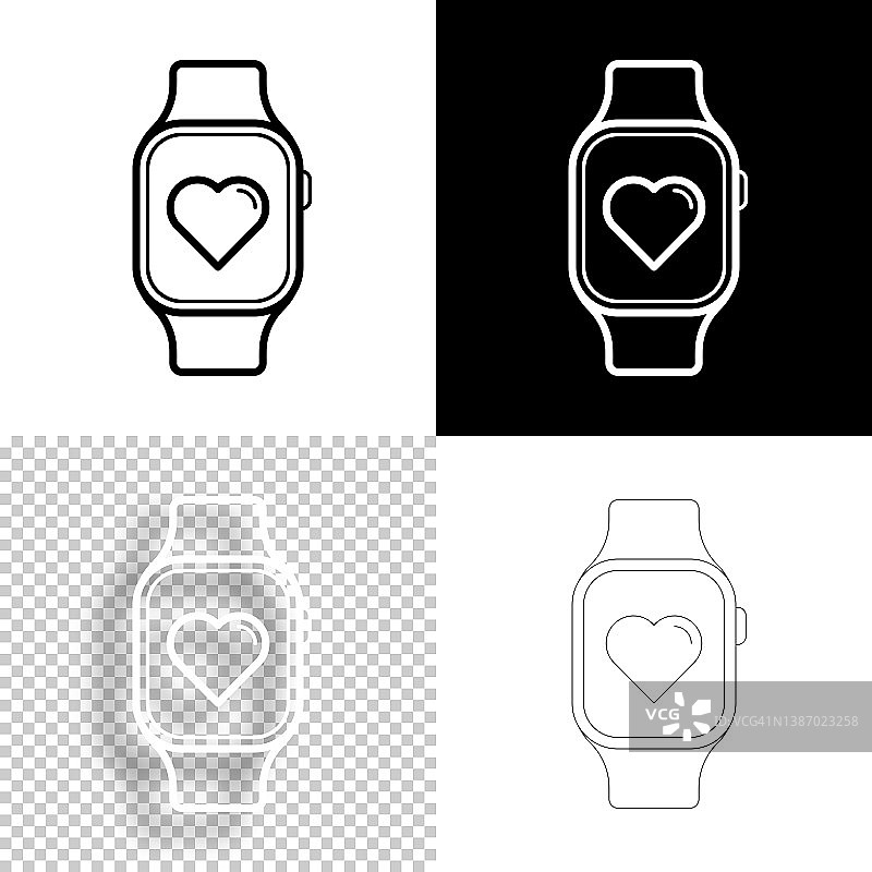 Smartwatch与心。图标设计。空白，白色和黑色背景-线图标图片素材