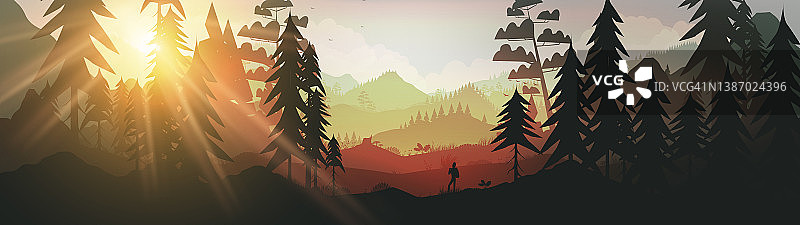 森林和山脉在日落的背景全景图片素材