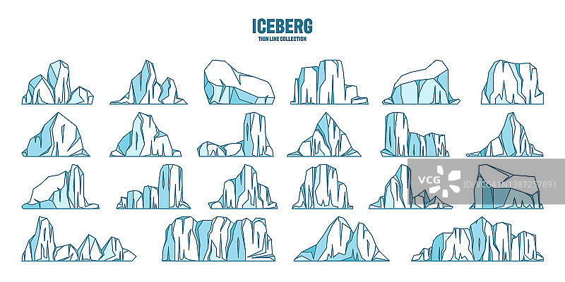 漂浮冰山素描集。漂流的北极冰川，冰冻的海水。冰雪覆盖的山脉。融冰的峰值。南极的景观。轮廓图。矢量图图片素材