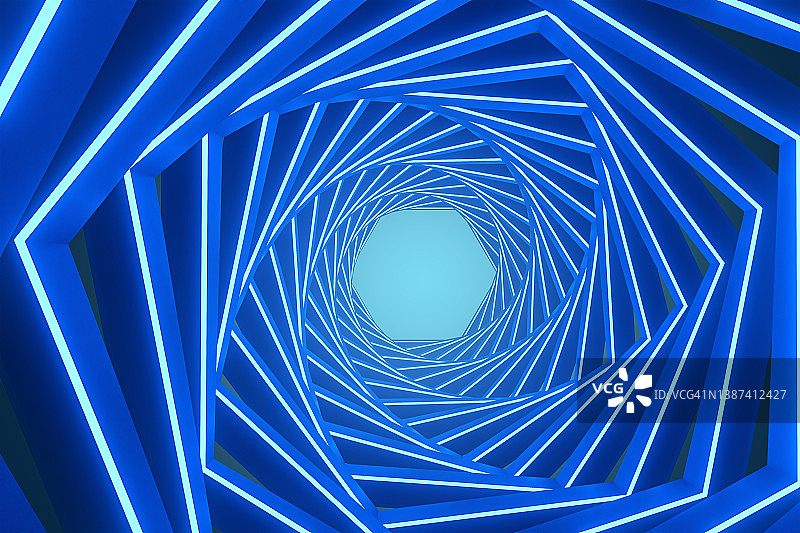 三维渲染，螺旋背景空间发射蓝光图片素材