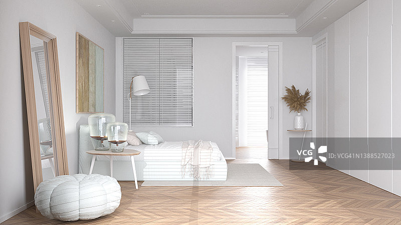 现代明亮极简主义的米色色调卧室，双人床与枕头和毯子，拼花地板，床头柜与灯具和浴室门，地毯和装饰，室内设计图片素材