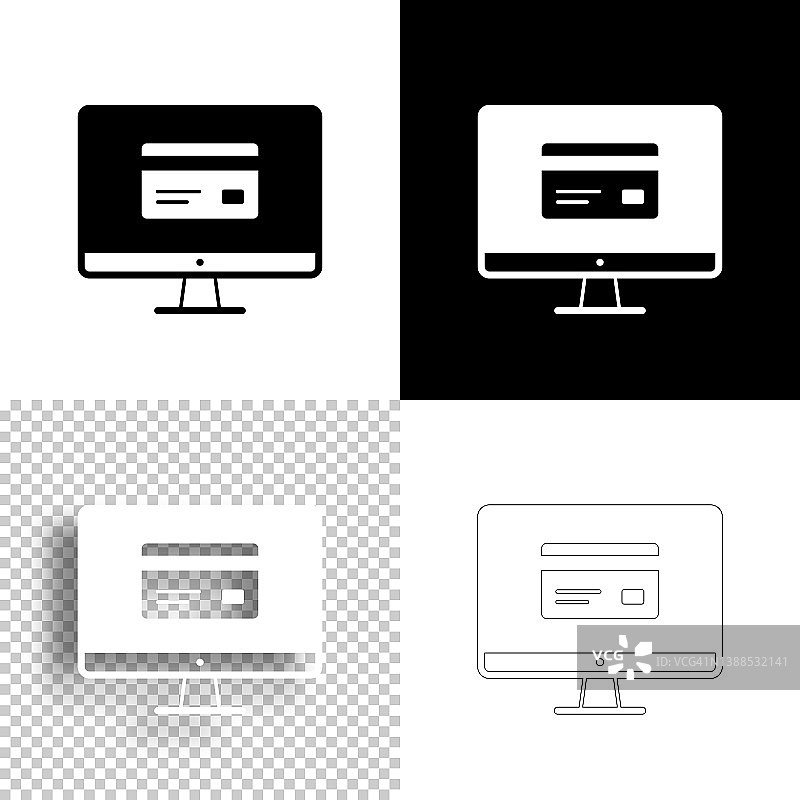 带信用卡的台式电脑。图标设计。空白，白色和黑色背景-线图标图片素材