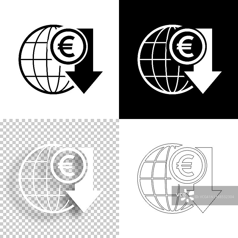 欧元汇率下降。图标设计。空白，白色和黑色背景-线图标图片素材