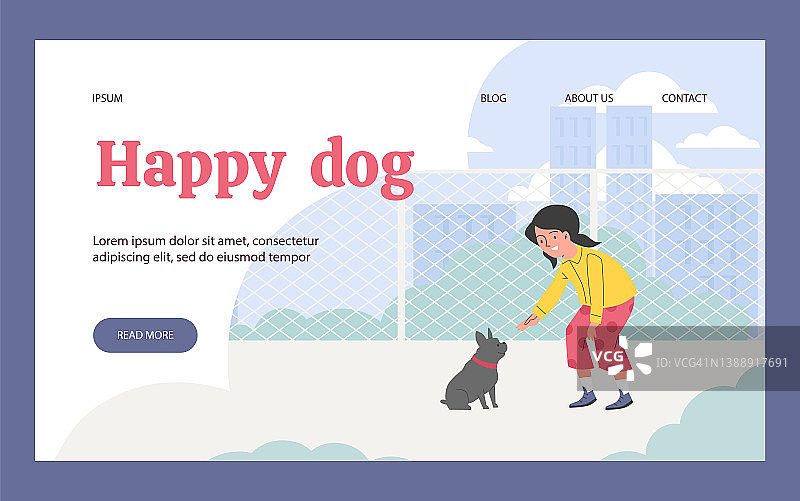 网站与女孩玩她的狗在操场，平面矢量插图。图片素材