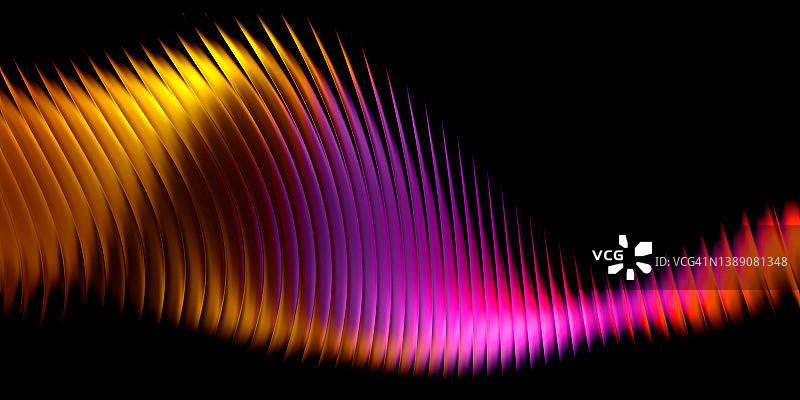 摘要旋涡条纹波浪黄粉红神奇霓虹透明丝带线在黑色背景。能量流图片素材