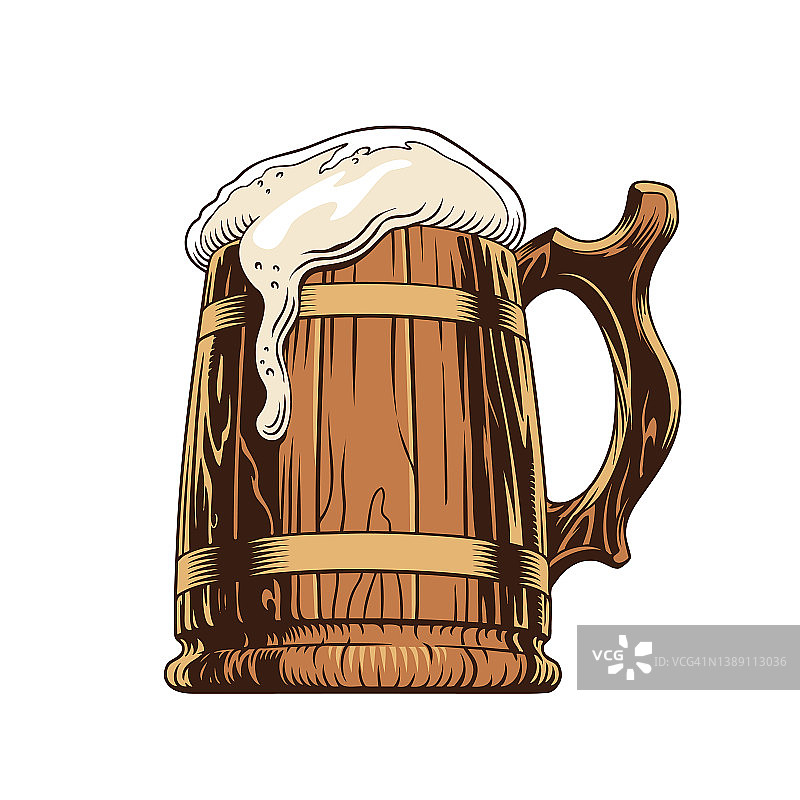 啤酒经典木制马克杯或大酒杯。矢量插图。图片素材