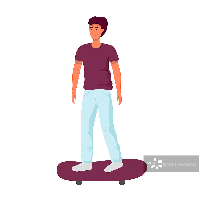 一个年轻人独自骑着滑板。矢量平面风格插图男性角色在平面风格-男子骑滑板图片素材