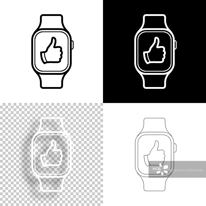 竖起大拇指的智能手表。图标设计。空白，白色和黑色背景-线图标图片素材