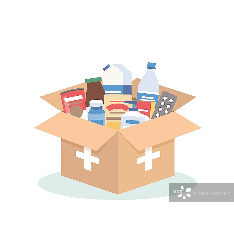 人道主义援助，一个装有食品、卫生用品和药品的盒子。对难民的慈善捐款，志愿者活动。矢量插图在平面卡通风格图片素材