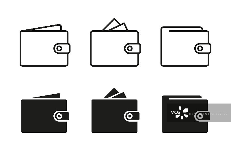 钱包矢量图标设置。扁平钱包标志和符号孤立图片素材
