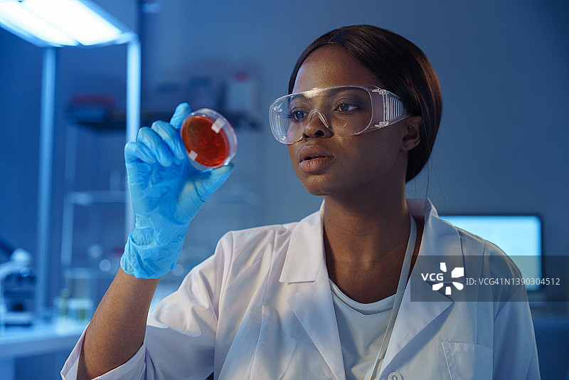 在一个现代化的实验室里，一位年轻的、专注的、戴着防护眼镜的非洲裔美国科学家在她的办公桌上用培养皿工作图片素材