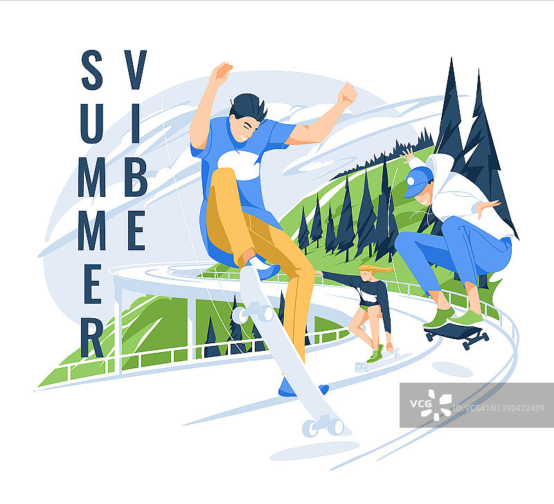 三个滑板手在乡村公路上玩滑板。背景是冷杉树的丘陵景观。夏天的心情。平面向量插图图片素材