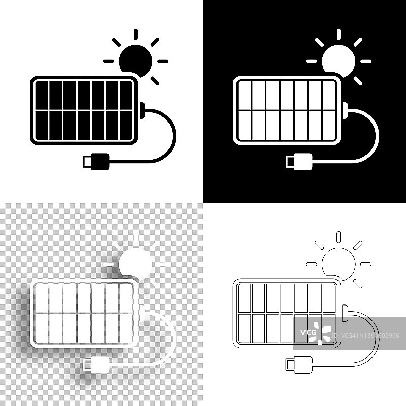 太阳能充电器。图标设计。空白，白色和黑色背景-线图标图片素材