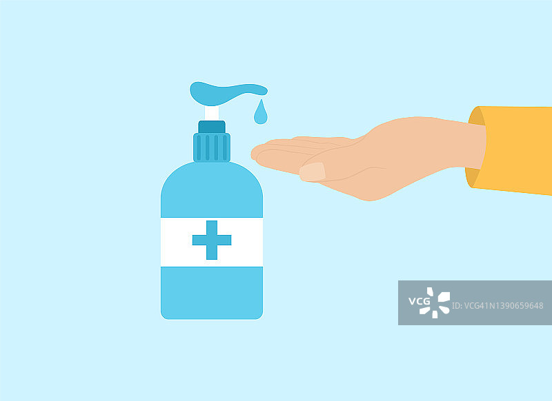 洗手和消毒概念用洗手液和手在蓝色背景上图片素材