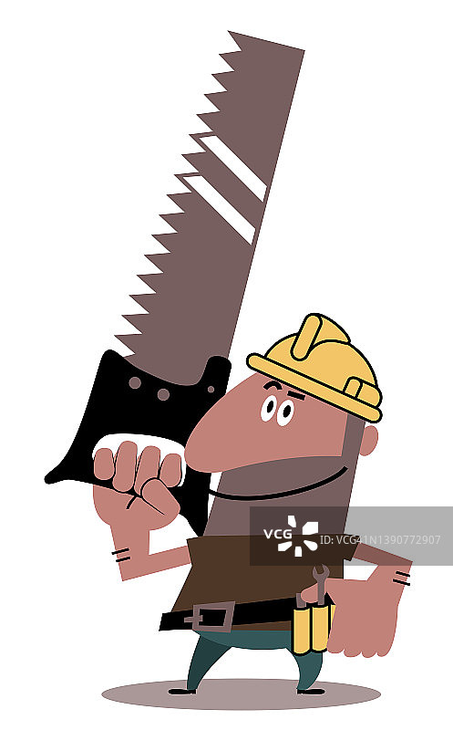 一个带着安全帽和工具腰带的矮个子工人站在那里，一只手放在臀部，手里拿着一个手锯图片素材