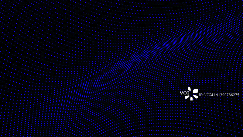 三维波浪技术抽象背景。数码蓝色霓虹线点和粒子网在黑色空表面。大数据、声音、计算机的概念。图片素材