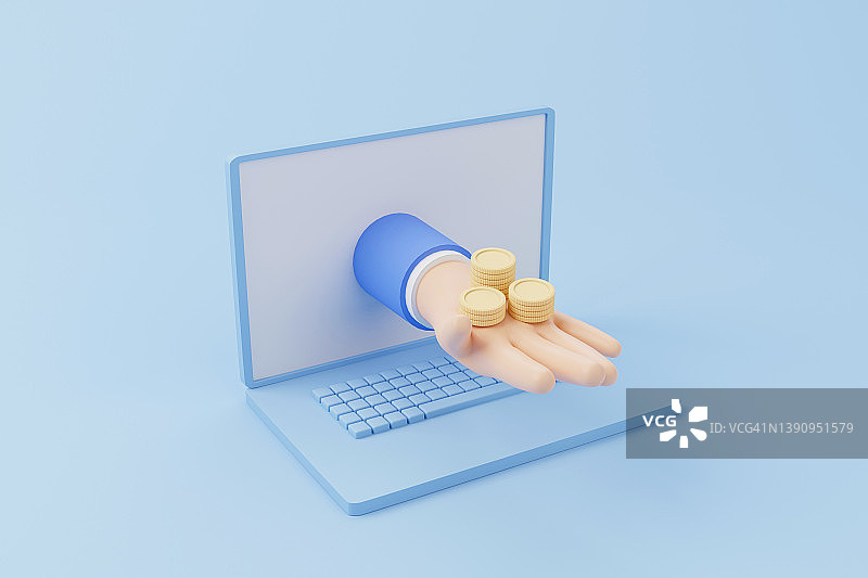 金币堆叠在手上和电脑笔记本电脑的蓝色背景。Fintech金融创新技术。Cryptocurrency区块链。3 d渲染图图片素材