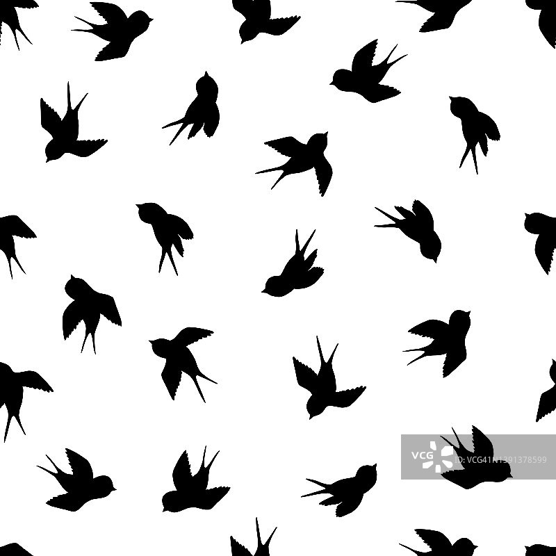 无缝模式与黑色燕子剪影在白色背景。可爱的小鸟在飞翔。矢量插图。涂鸦风格。设计邀请，海报，卡片，织物，纺织品图片素材